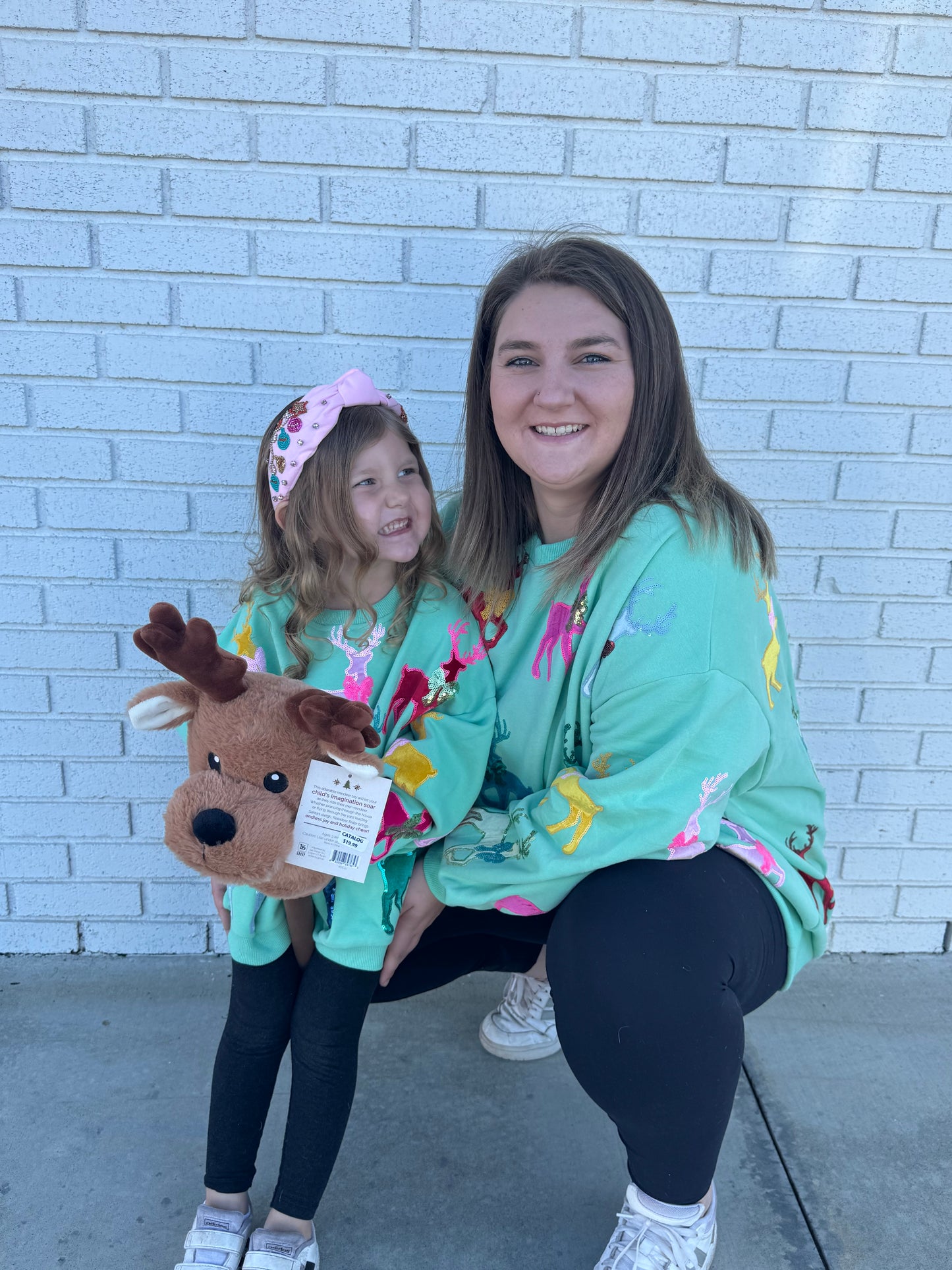 Youth Mint Green Sweatshirt with Velvet Reindeers & Bows