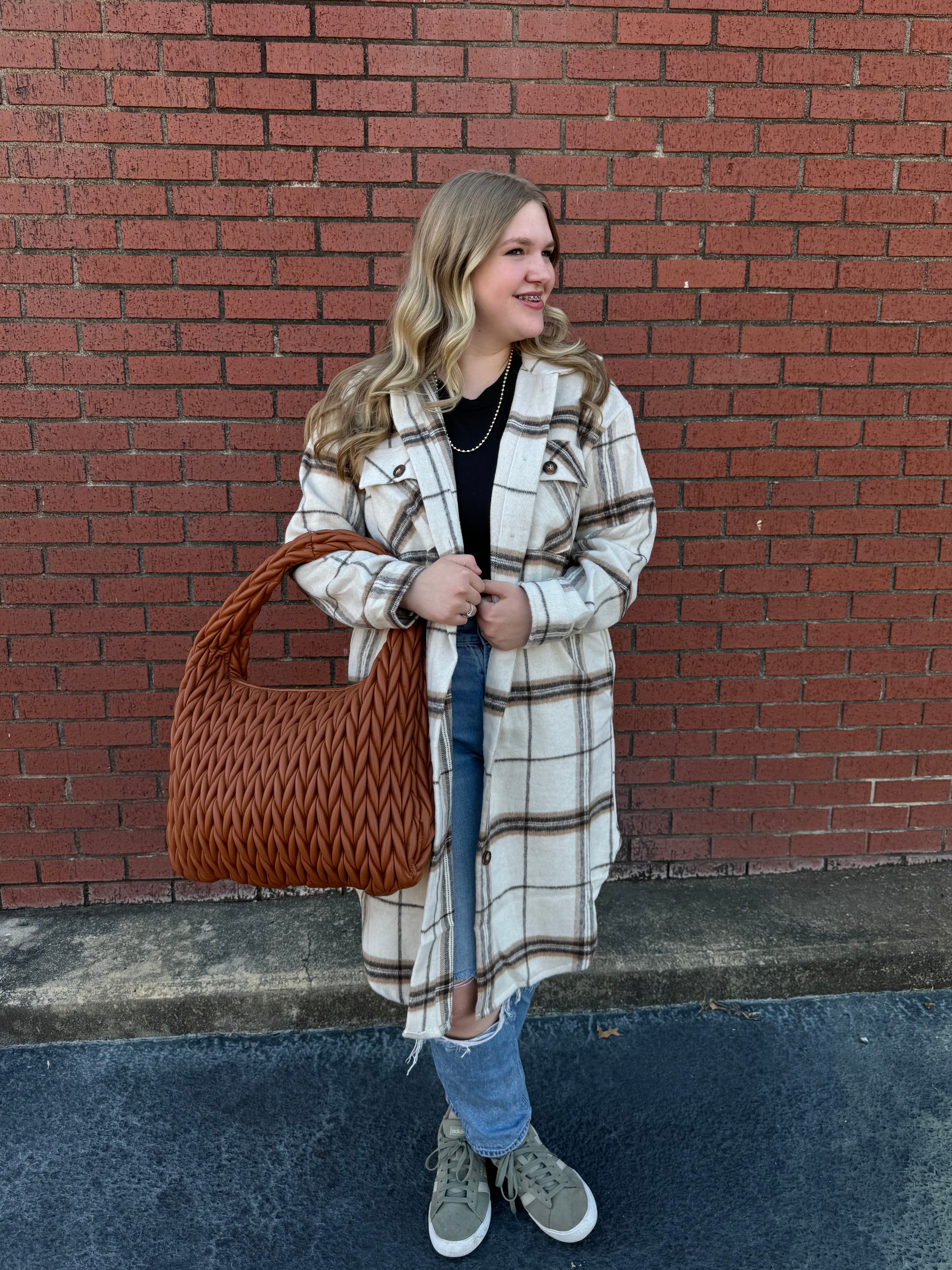 Cream, Brown & Black Flannel Long Shacket