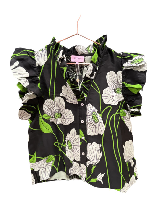 BLACK W/WHITE & GREEN FLORAL PRINT FLUTTER SLEEVE BUTTON FRONT BLOUSE