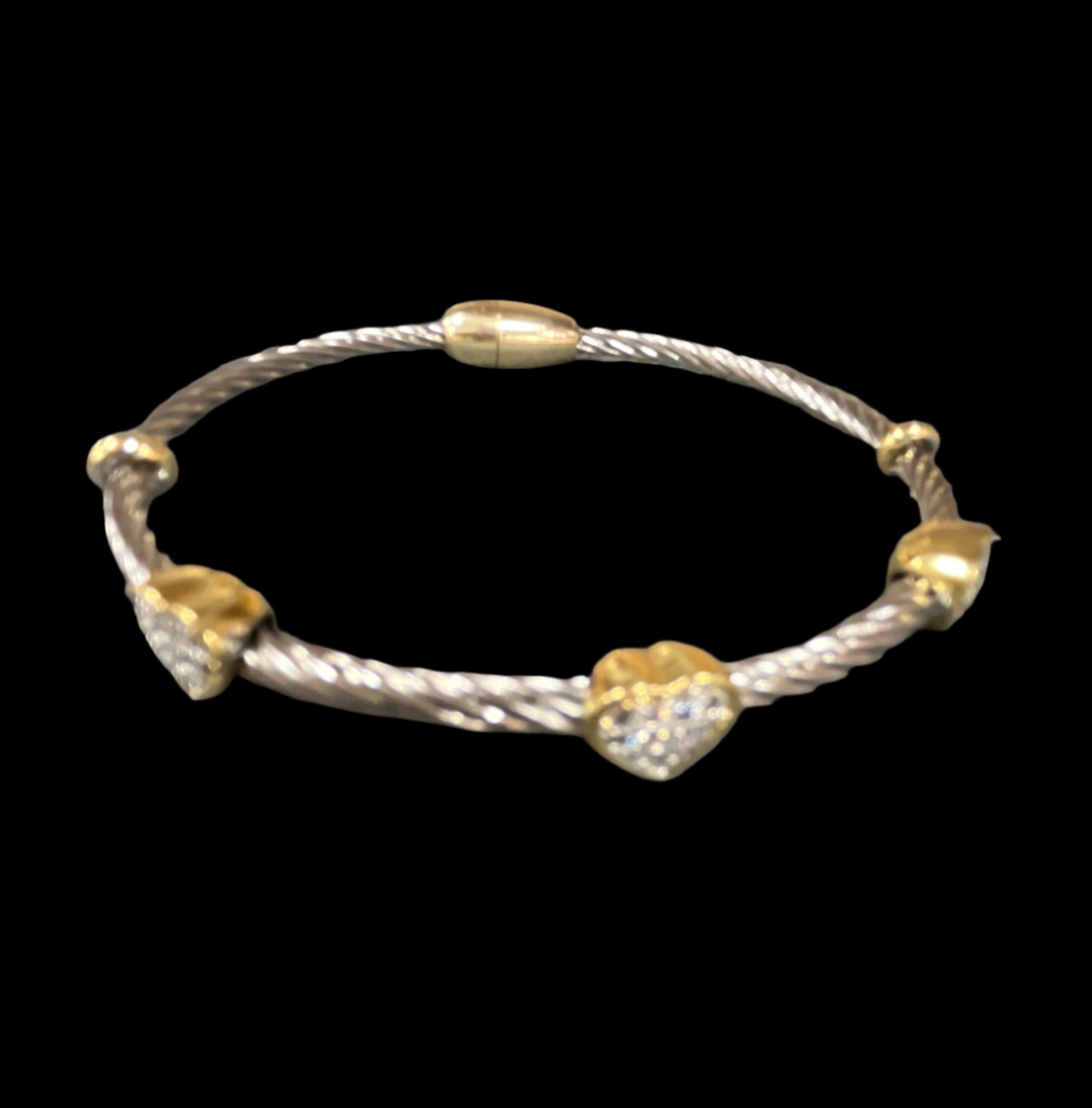 SILVER TWIST BRACELET WITH GOLD PAVE HEARTS AND MAGNETIC CLOSURE