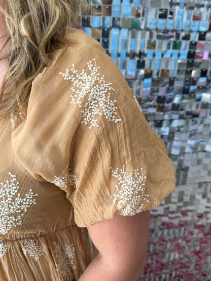 Camel Embroidered Square-neck Dress