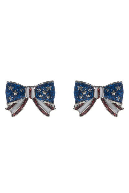 AMERICAN USA FLAG BOW RIBBON ENAMEL POST EARRINGS