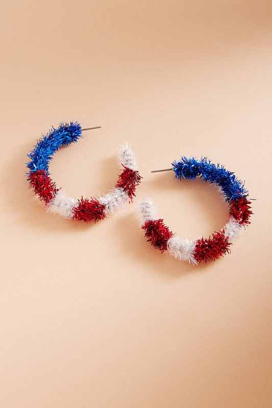 Metalic Thread American Flag Post Pin Hoop Earrings