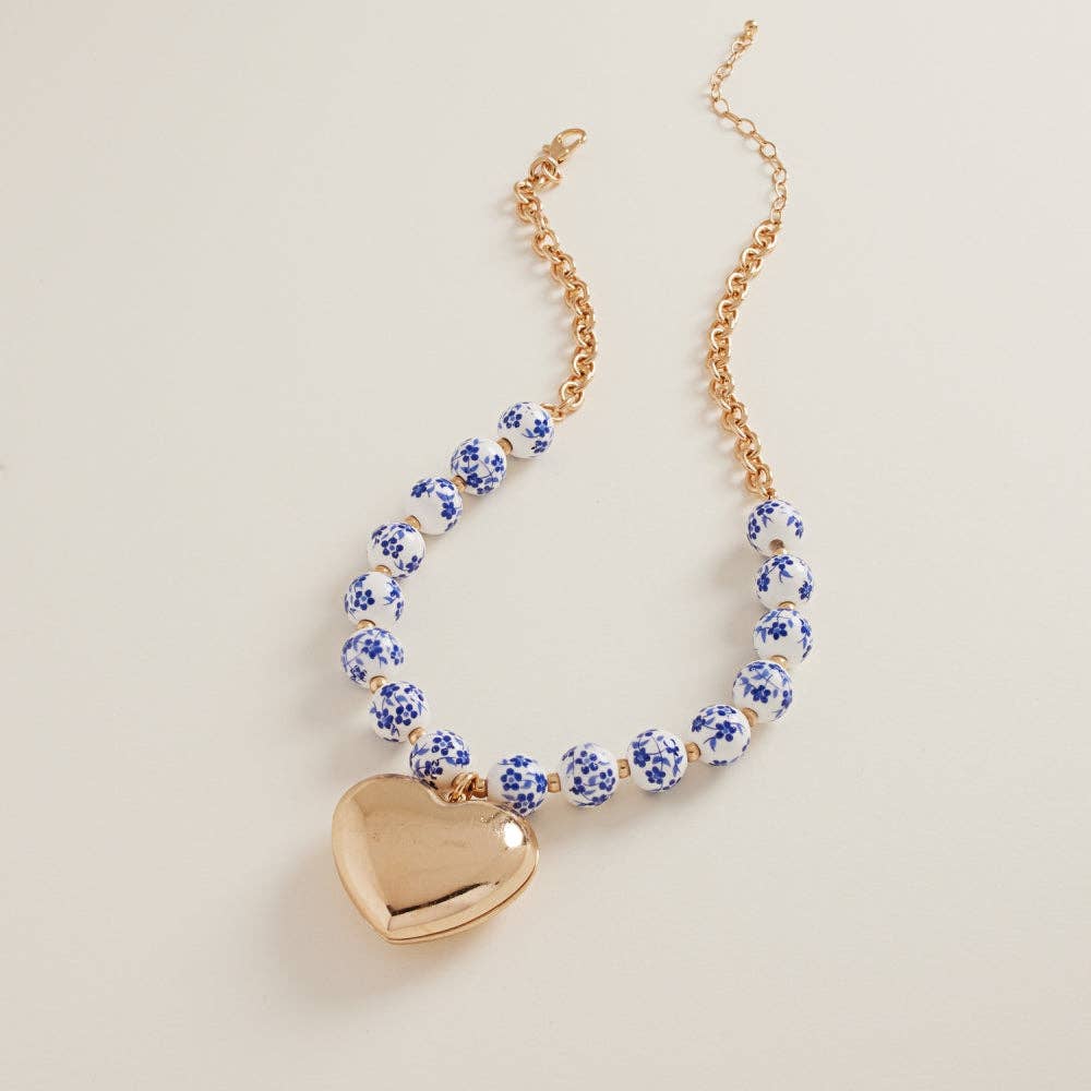 Puffy Heart With Ceramic Bead Short Necklace