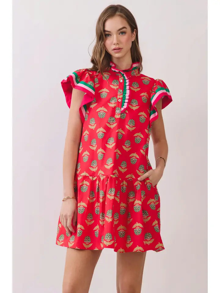 RED FLORAL MEDALLION PRINT RUFFLE SLEEVE MINI DRESS