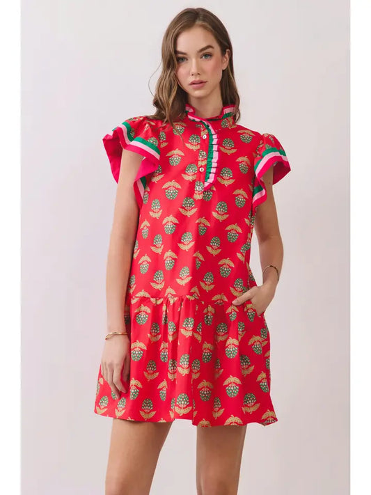 RED FLORAL MEDALLION PRINT RUFFLE SLEEVE MINI DRESS