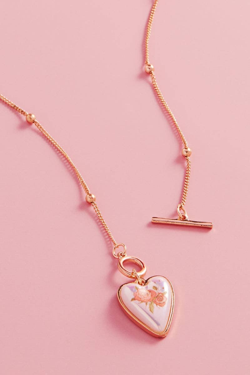 Heart Pearl Flower Print Short Necklace