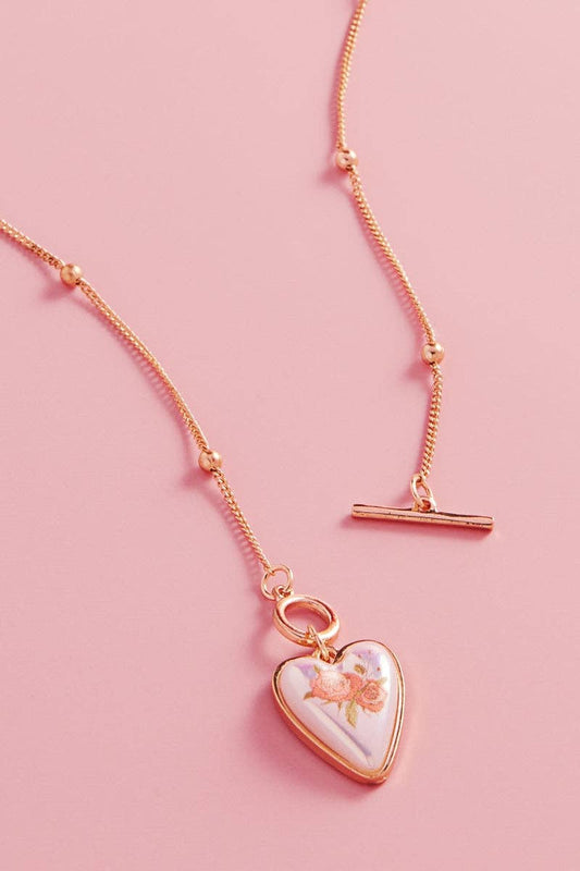 Heart Pearl Flower Print Short Necklace