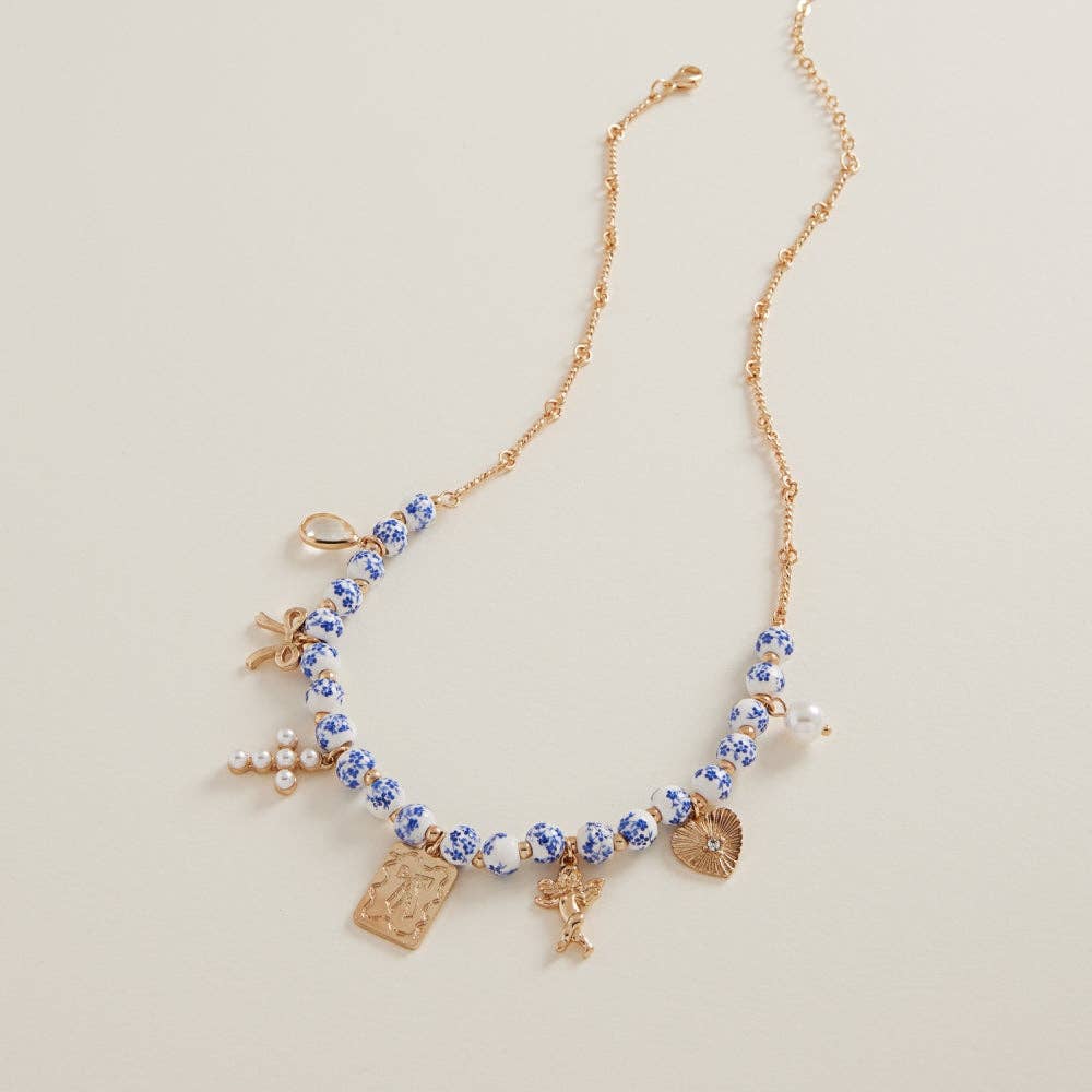 Mixed Metal Charms W Ceramic Beads Short Necklace