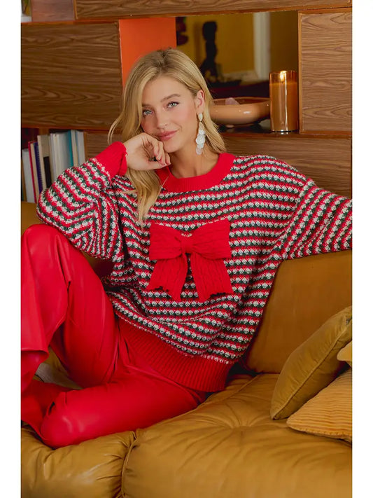 FESTIVE 3D RED BOW CHRISTMAS STRIPED SWEATER