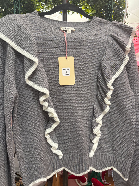 GREY SWEATER W/ WHITE TRIM RUFFLES