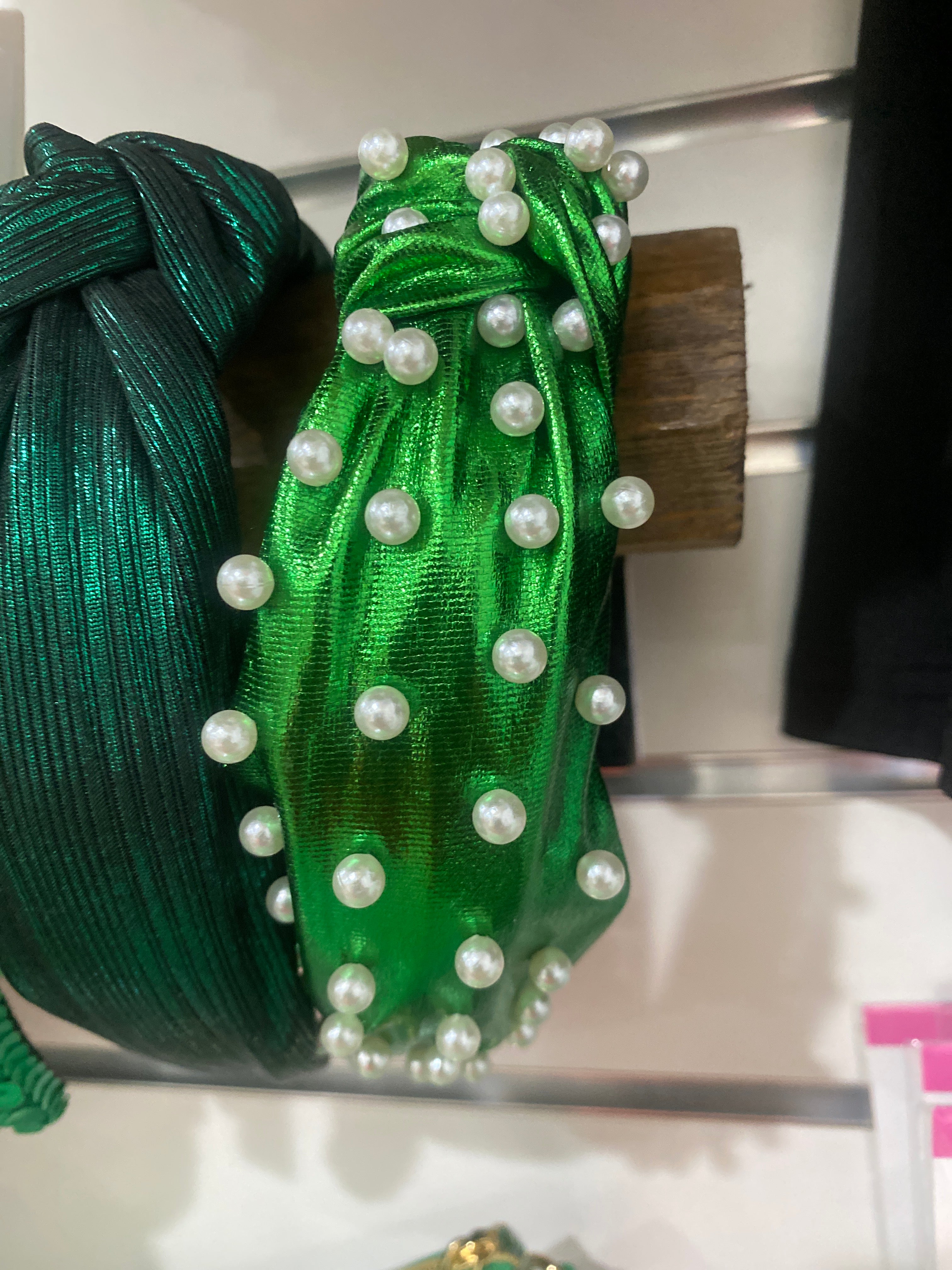 ABBIE PEARL STUDDED HEADBAND - METALLIC GREEN