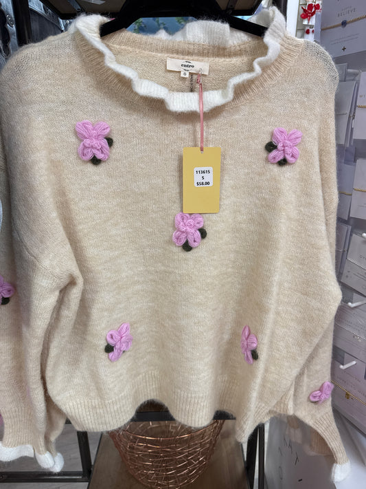 OATMEAL SWEATER W/PINK FLOWERS