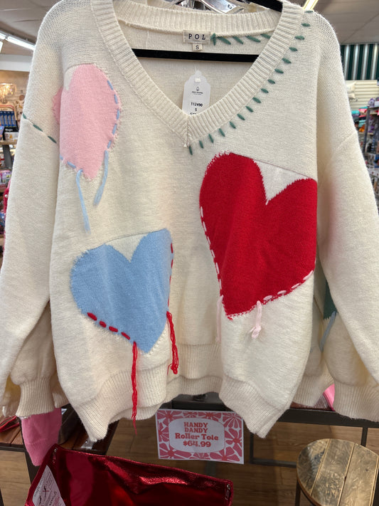 IVORY SWEATER W/SEWN HEARTS & THREADS