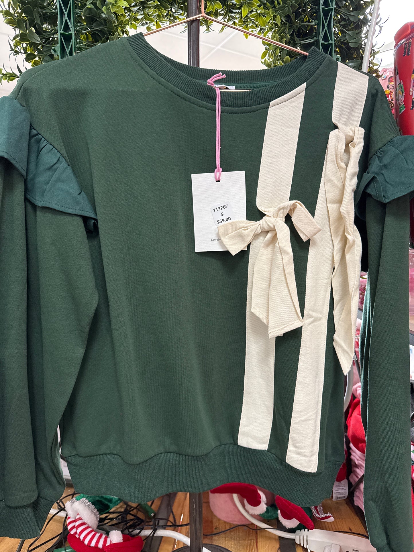 GREEN SWEATSHIRT W/TWILL TAPE BOW