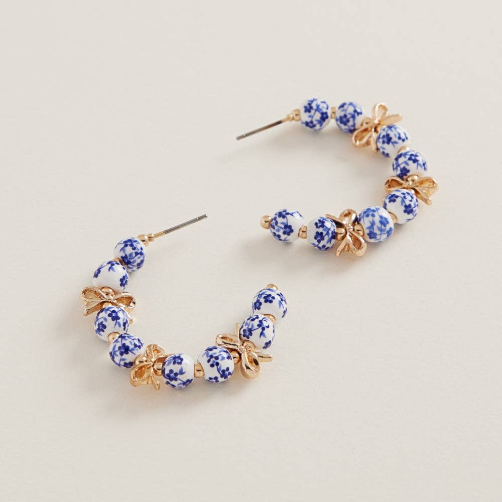 ROUND SHAPED CERAMIC BEAD BRASS HOOP EARRINGS