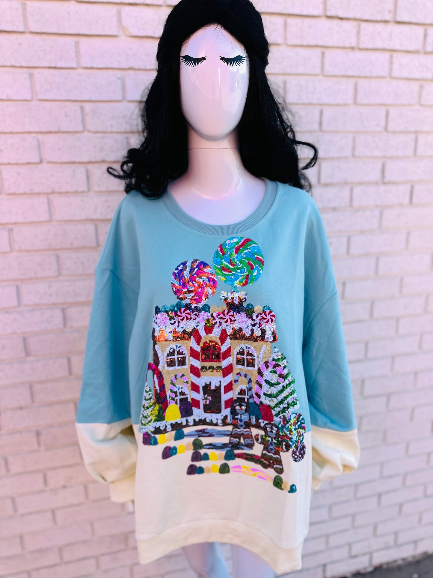 Light Blue/Beige Gingerbread House Scene Sweatshirt