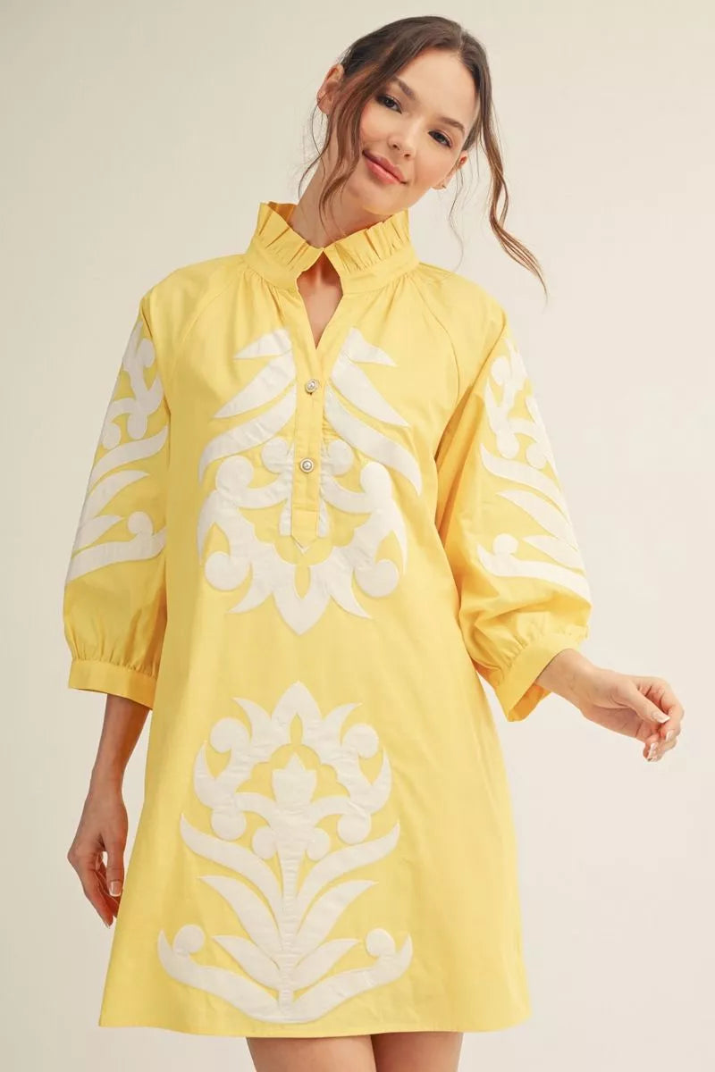 3/4 SLEEVE BAROQUE FLORAL SHIFT DRESS - YELLOW