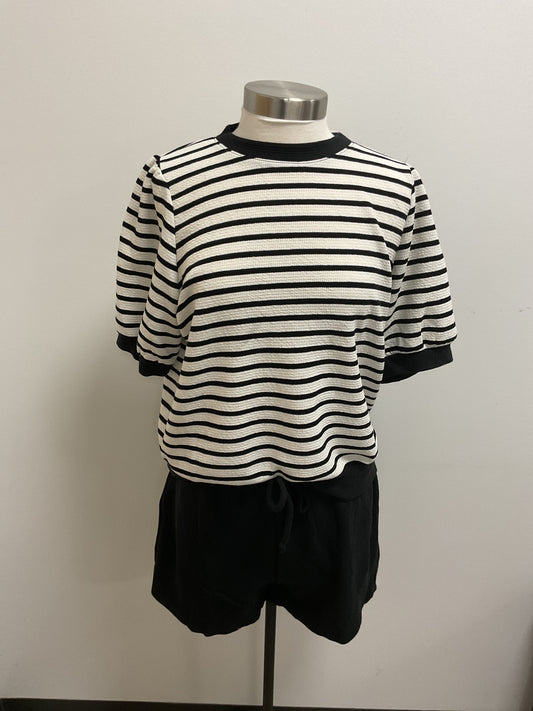 BLACK/IVORY STRIPED BLOUSE AND BLACK SHORTS 2 PC. SET