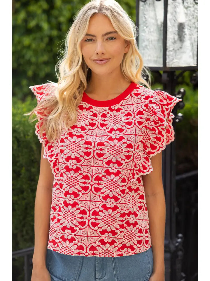RED SCALLOP RUFFLE DETAIL FLORAL EMBROIDERED BLOUSE