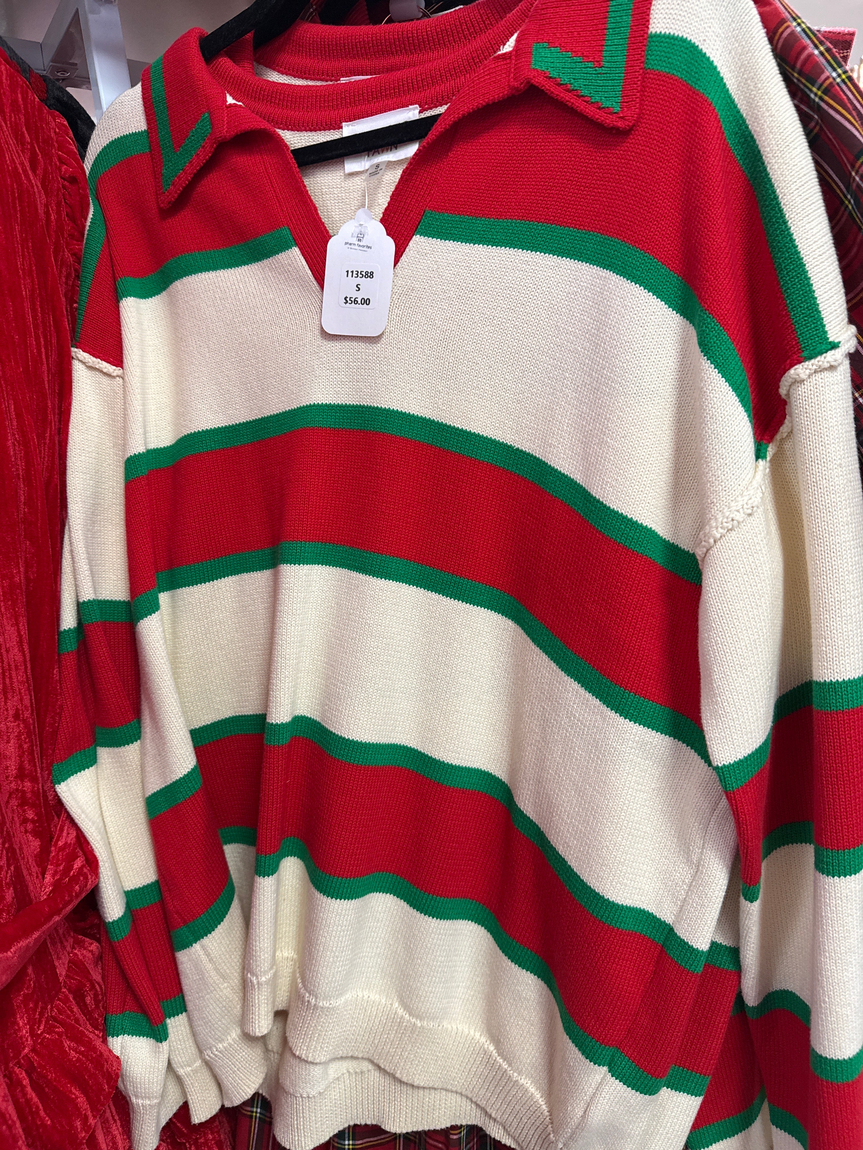 CREAM SWEATER W/BOLD RED/GREEN STRIPE