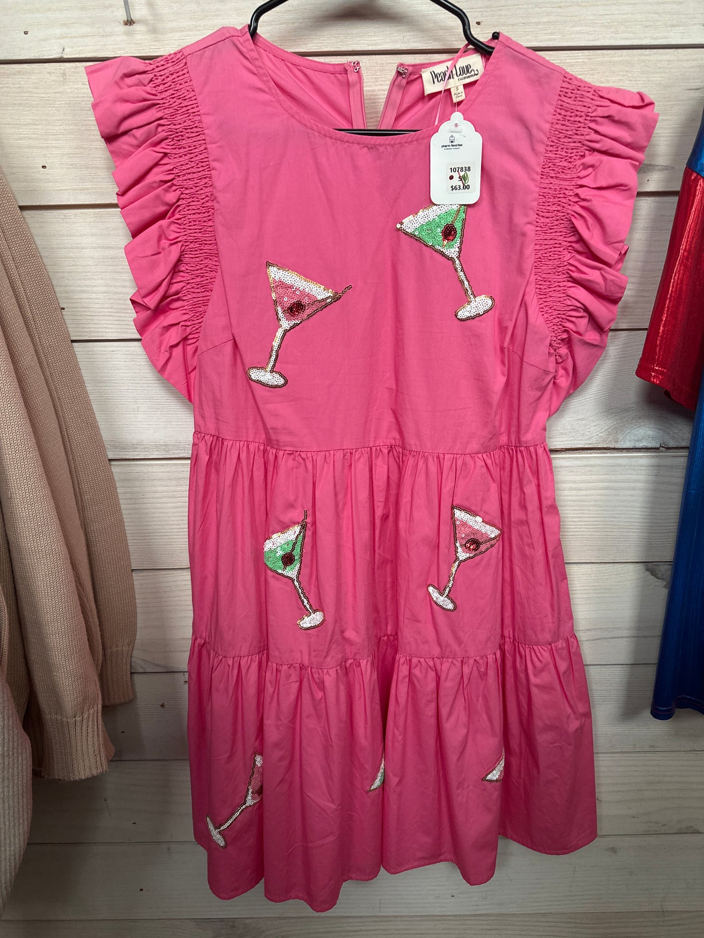 PINK SHORT SLV DRESS W/MARTINI GLASSES