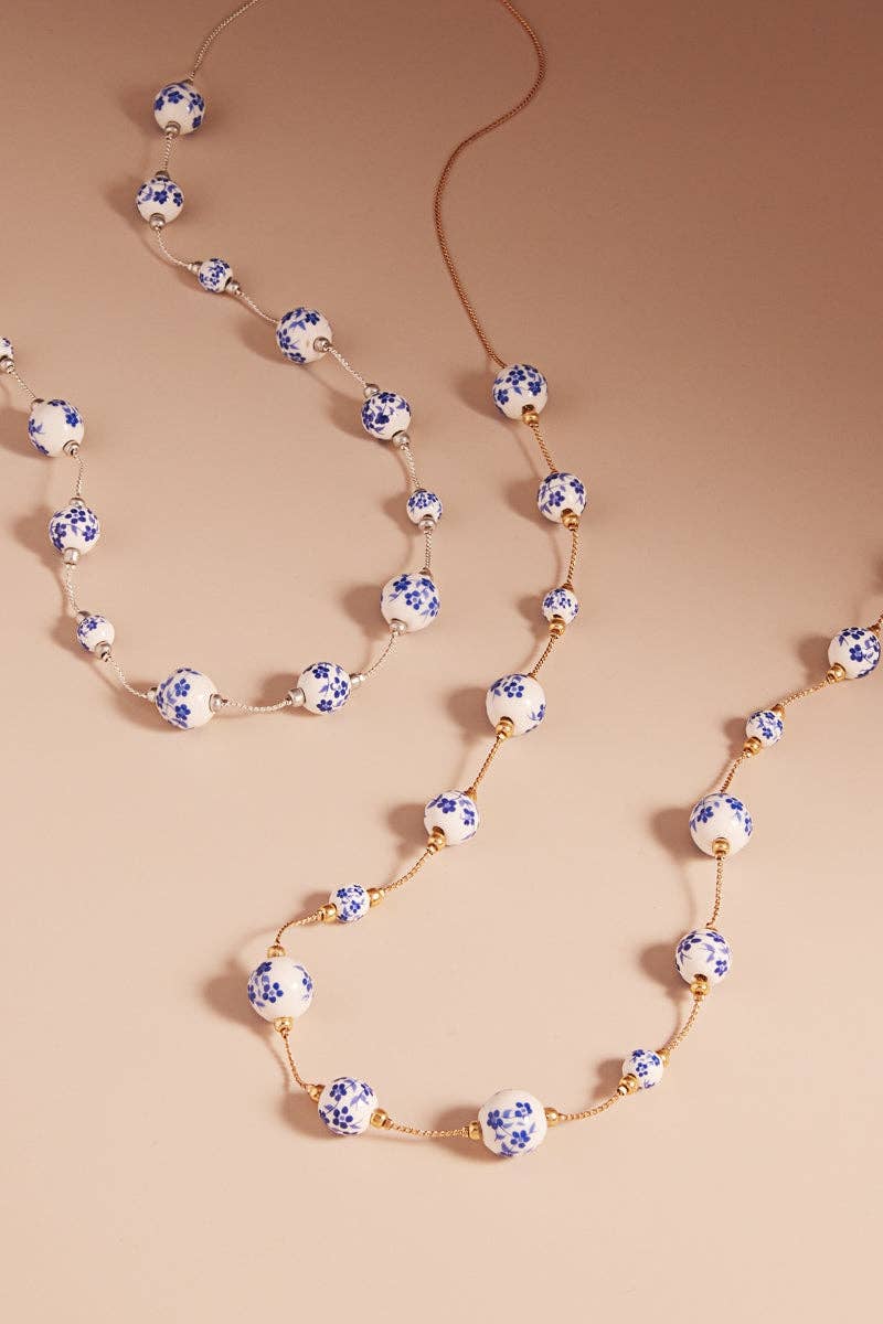 Flower Round Shape Ceramic Beaded Long Necklace