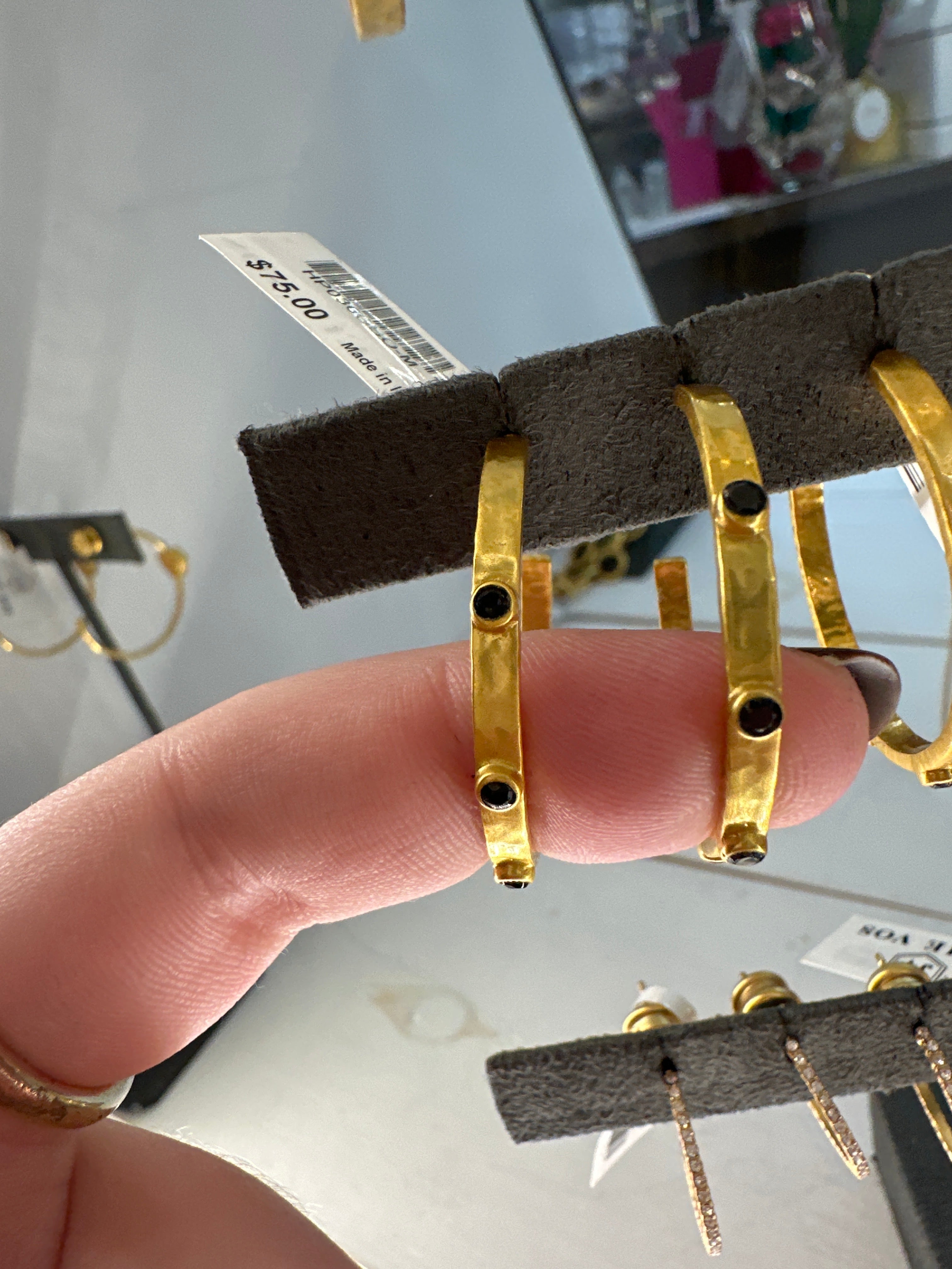 CRESCENT STONE HOOP GOLD OBSIDIAN BLACK CZ - M