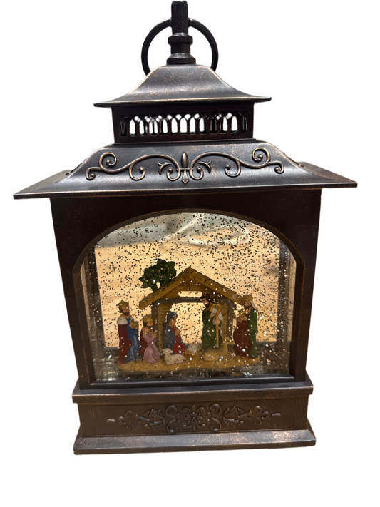 NATIVITY SCENE W/ BRUSHED BRONZE GLITTER LANTERN