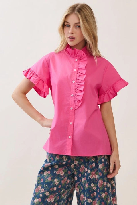 HOT PINK RUFFLE BUTTON-UP TOP WITH SHORT FLUTTER SLEEVES