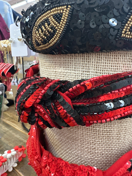 NATASHA SEQUIN STRIPED HEADBAND - RED & BLACK