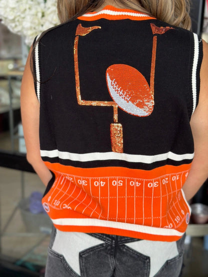 BLACK & ORANGE COLORBLOCK FOOTBALL ICON BUTTON UP SWEATER VEST