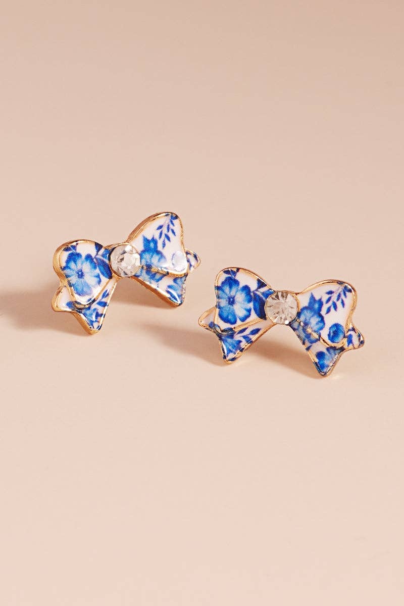 Flower Print On Enamel Bow Titanium Post Earrings