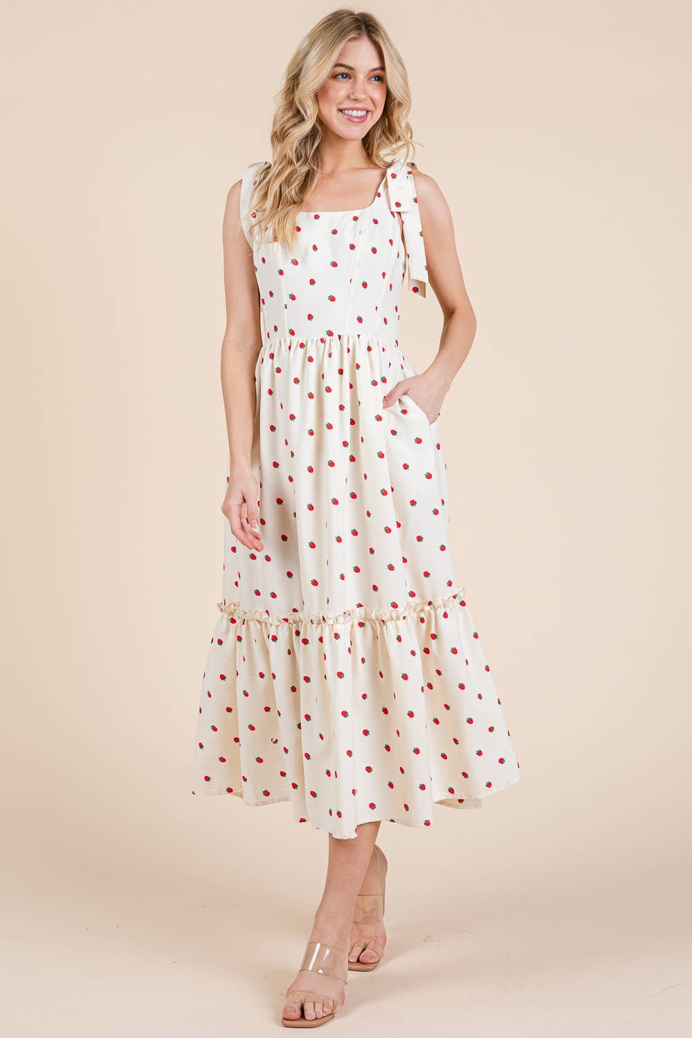 STRAWBERRY TIERED MIDI SUNDRESS