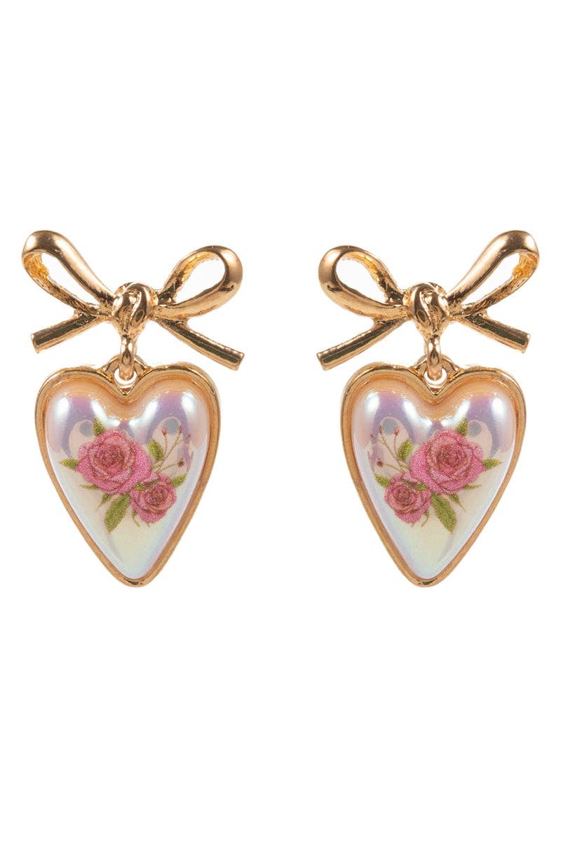 Valentines Heart Pearl Flower Print Post Earrings