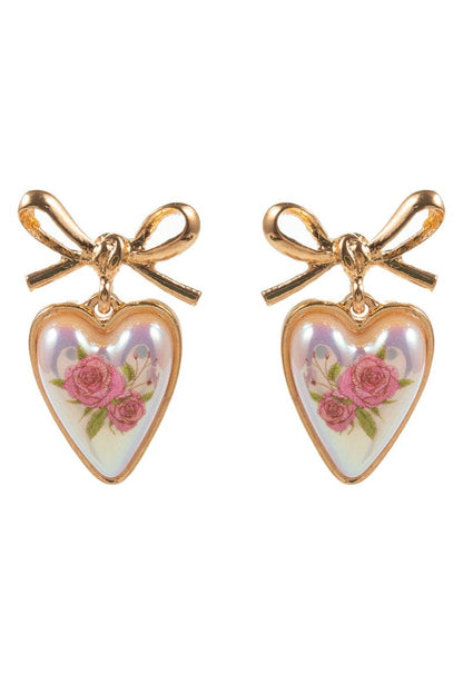 Valentines Heart Pearl Flower Print Post Earrings