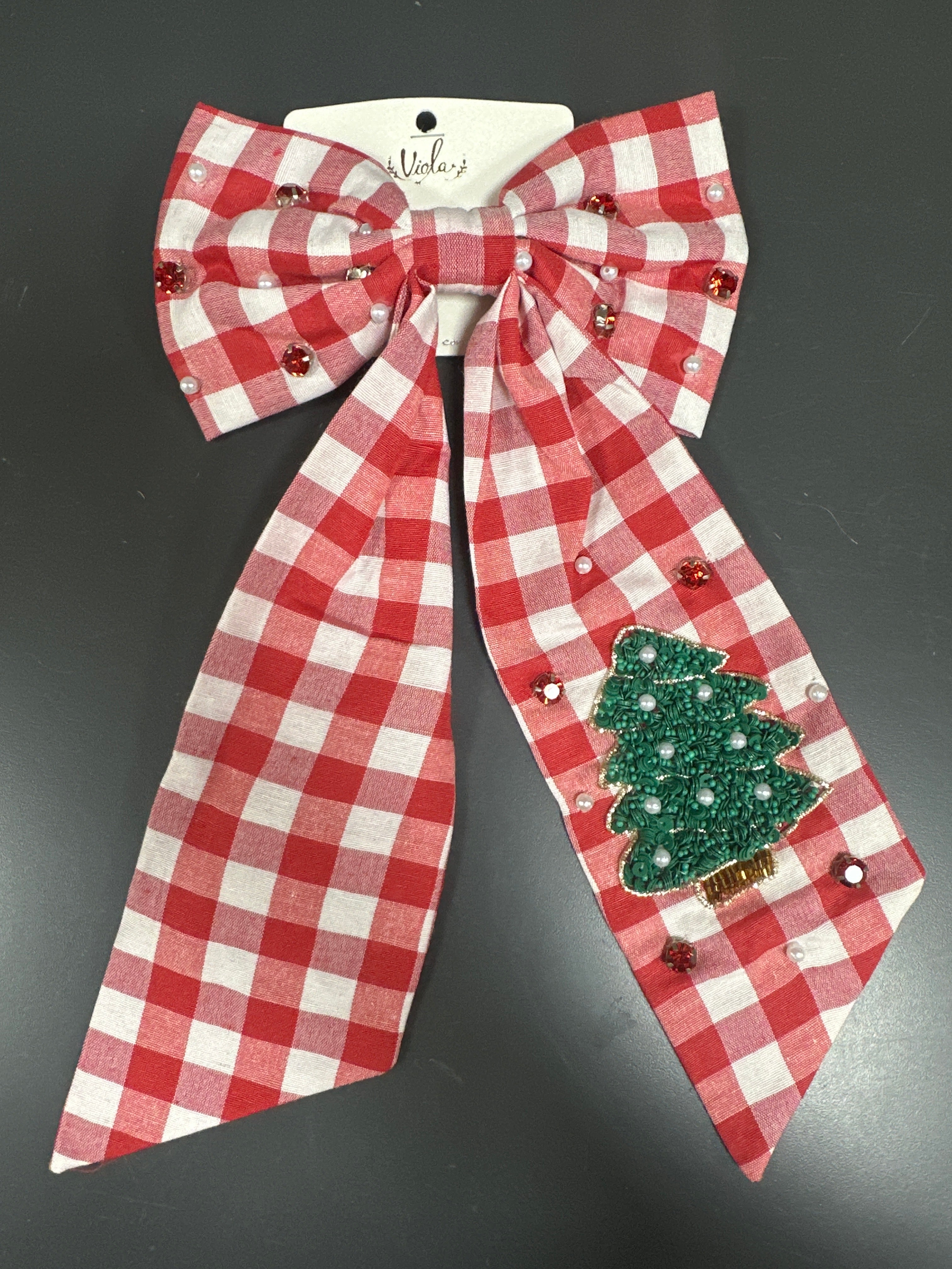 CHECKER CHRISTMAS TREE HAIR BOW - RED
