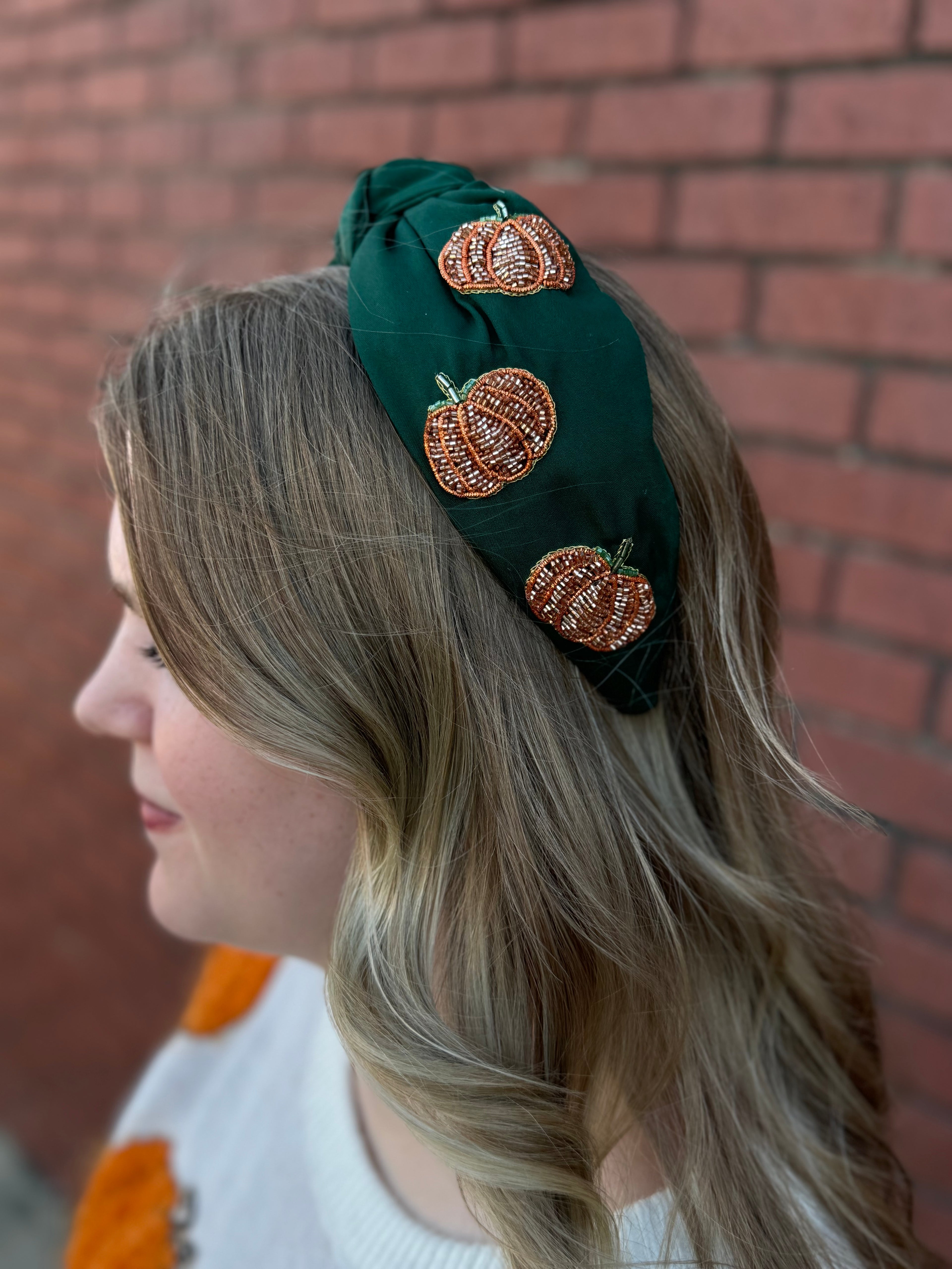 Green Headband with Beaded Pumpkins