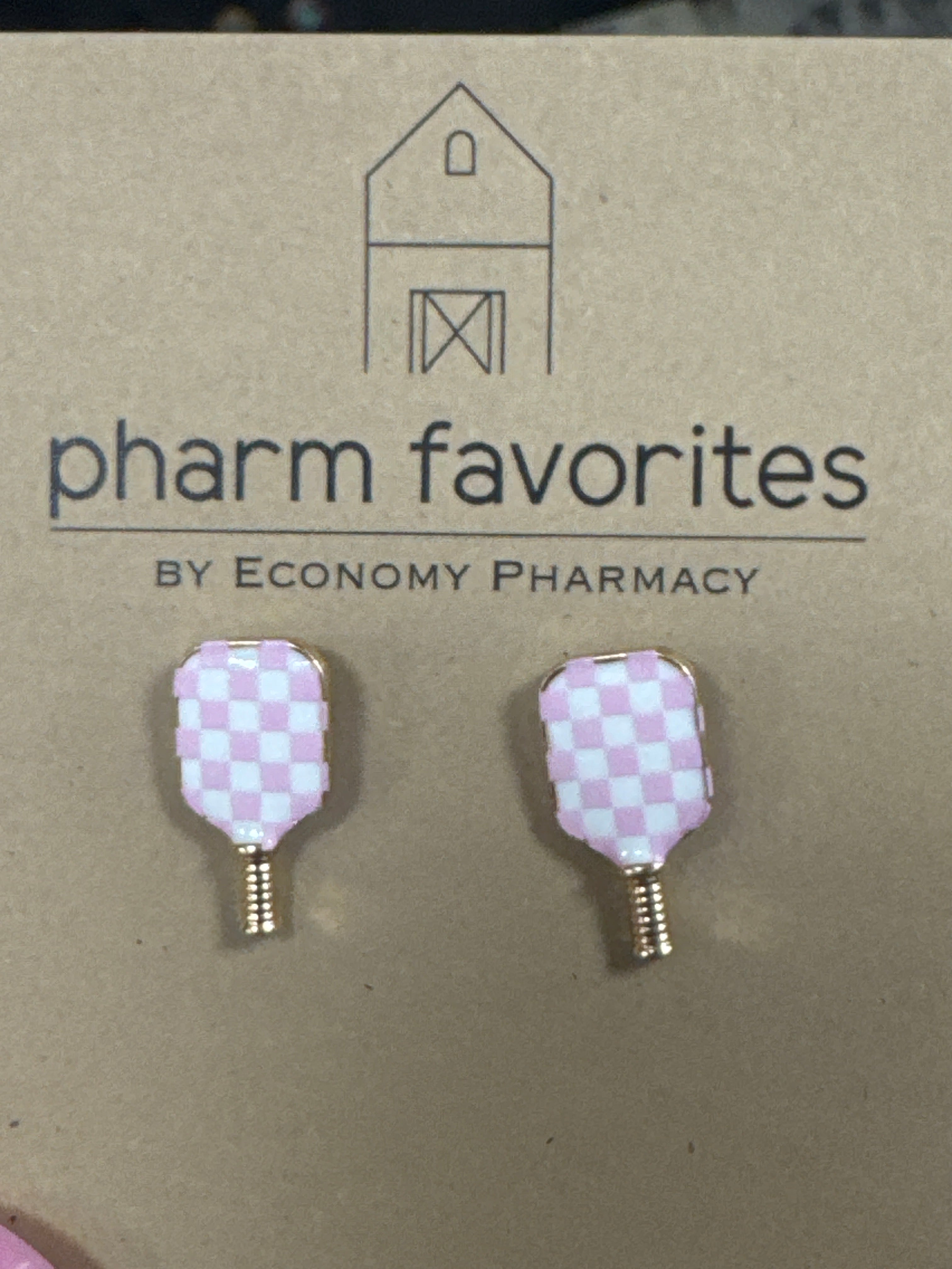 PINK CHECKERBOARD PICKLEBALL PADDLE EARRINGS
