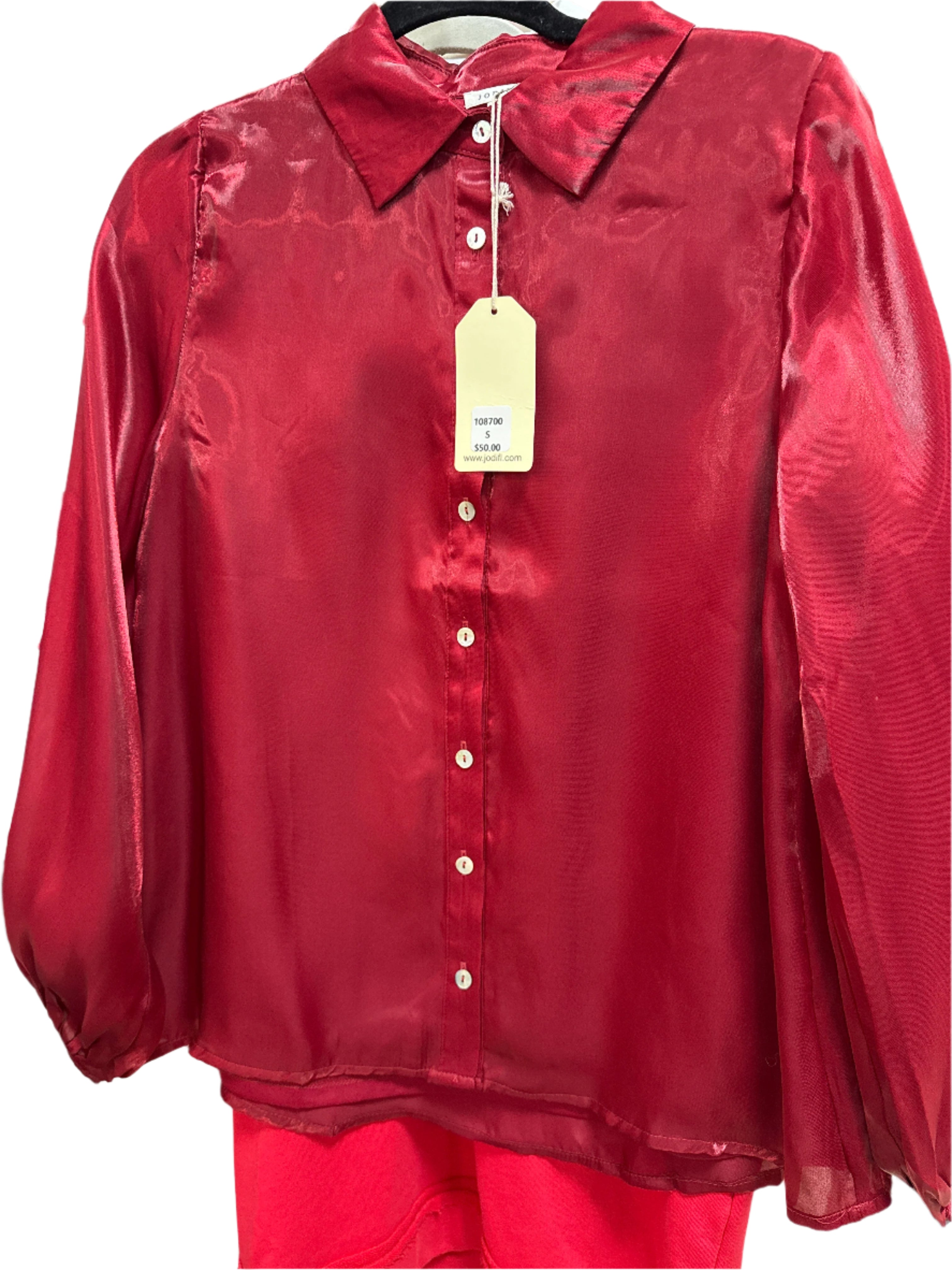 BURGUNDY SATIN BUTTON DOWN BLOUSE