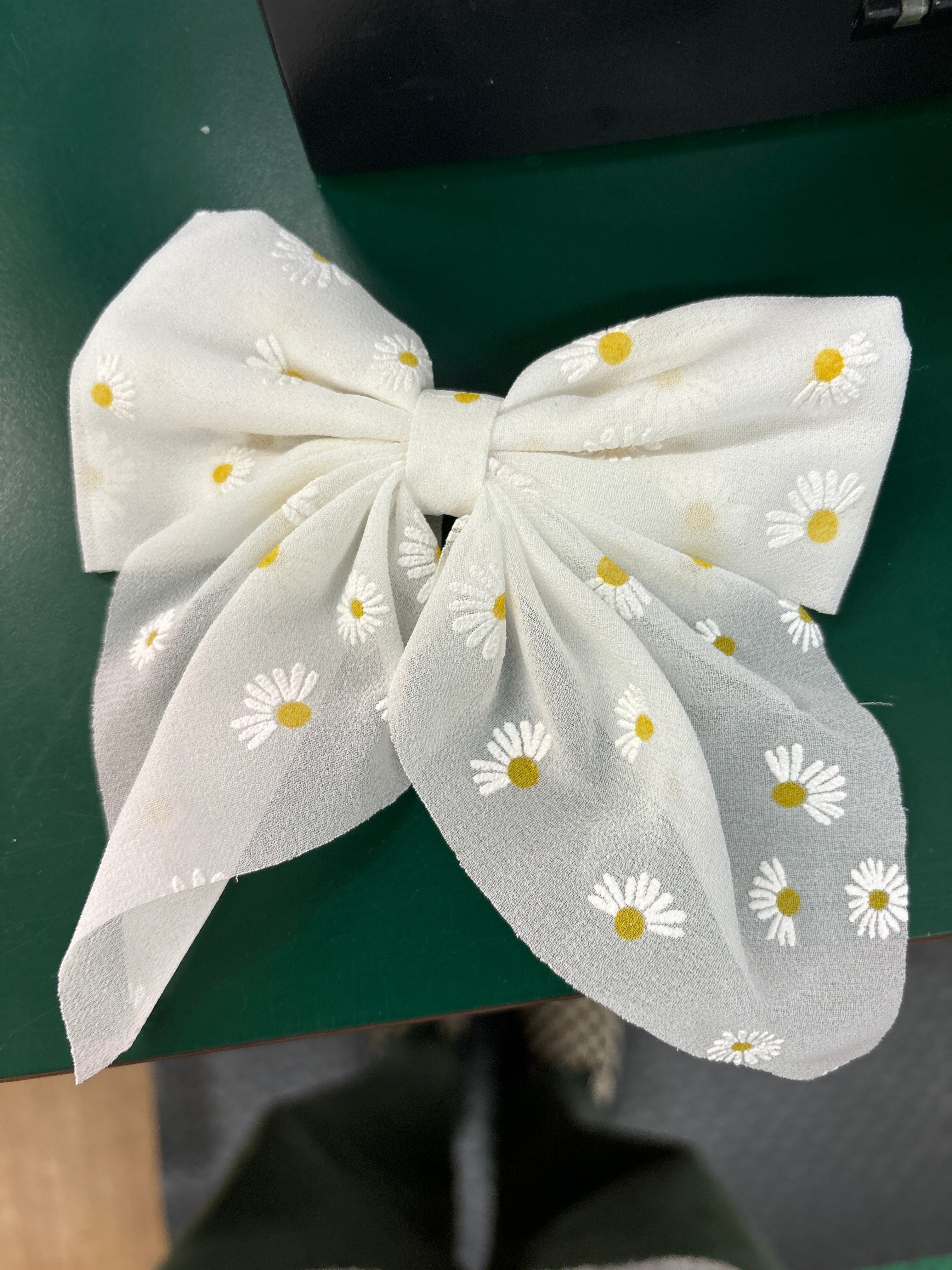 WHITE SILK CLIP IN HAIR BOW W/SUNFLOWER DETAILS