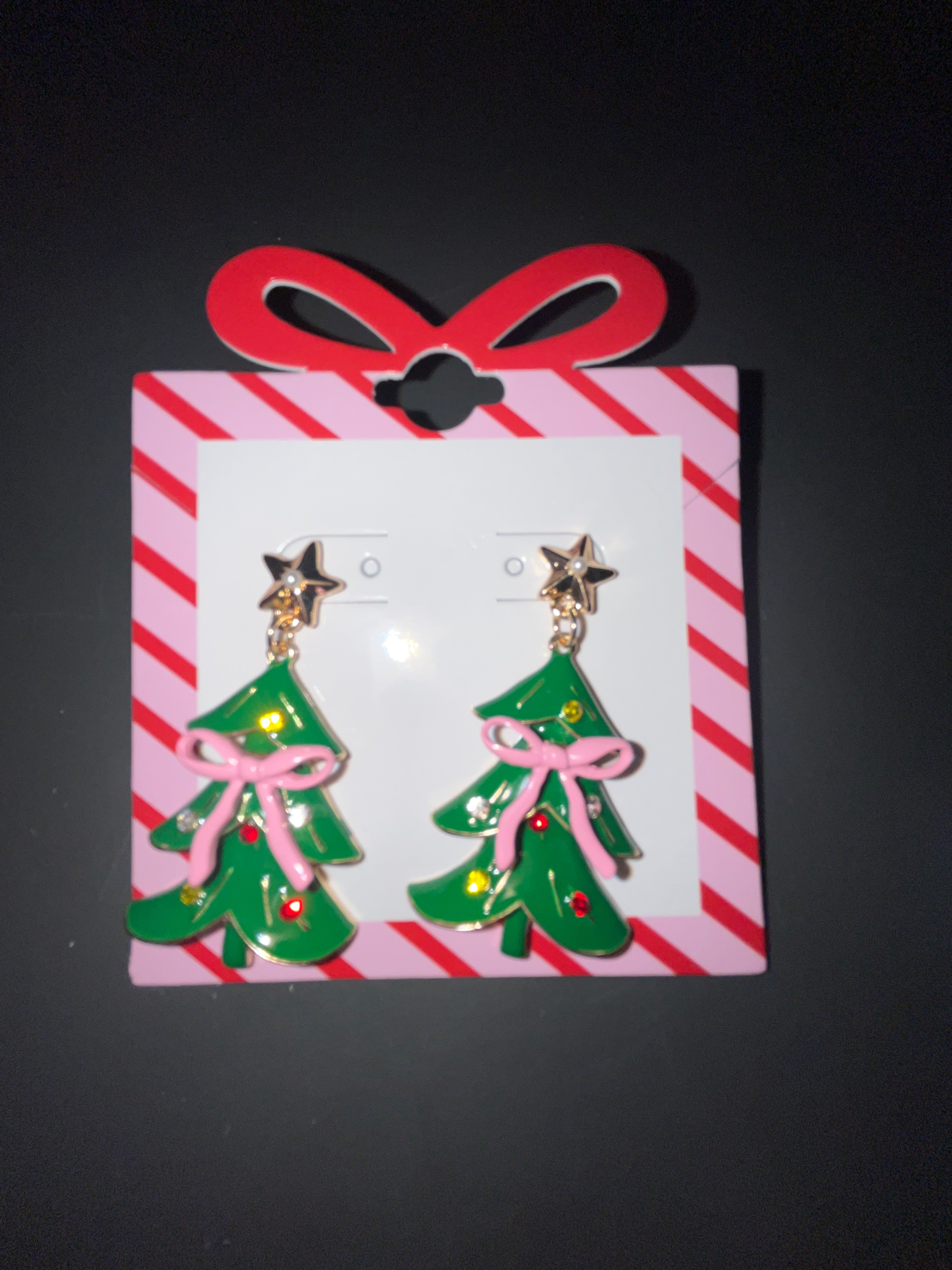 CHRISTMAS TREE W/ RIBBON POST EARRING - GREEN/GOLD