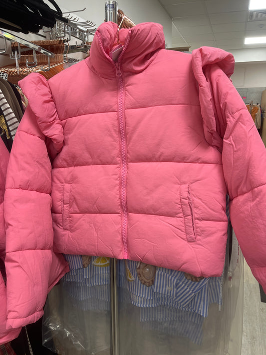 PUFFER JACKET W/RUFFLE SHOULDER - PINK