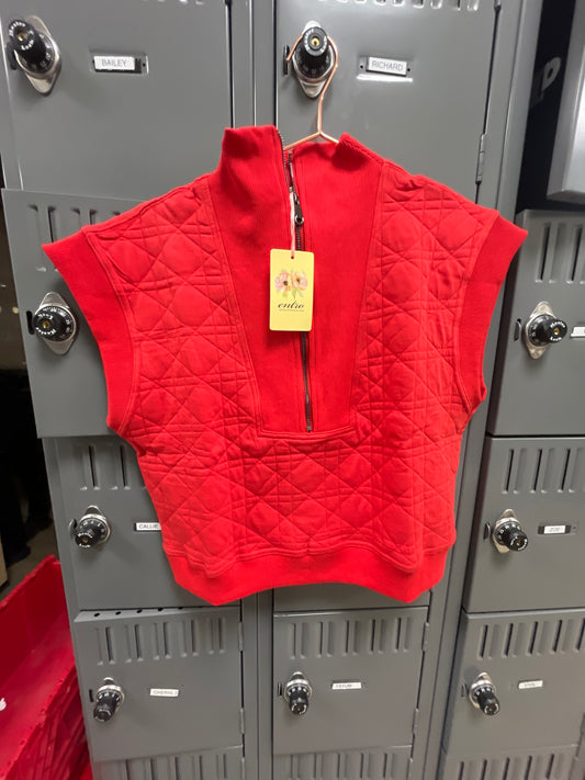 RED HALF ZIP SLEEVELESS QUILTED VEST