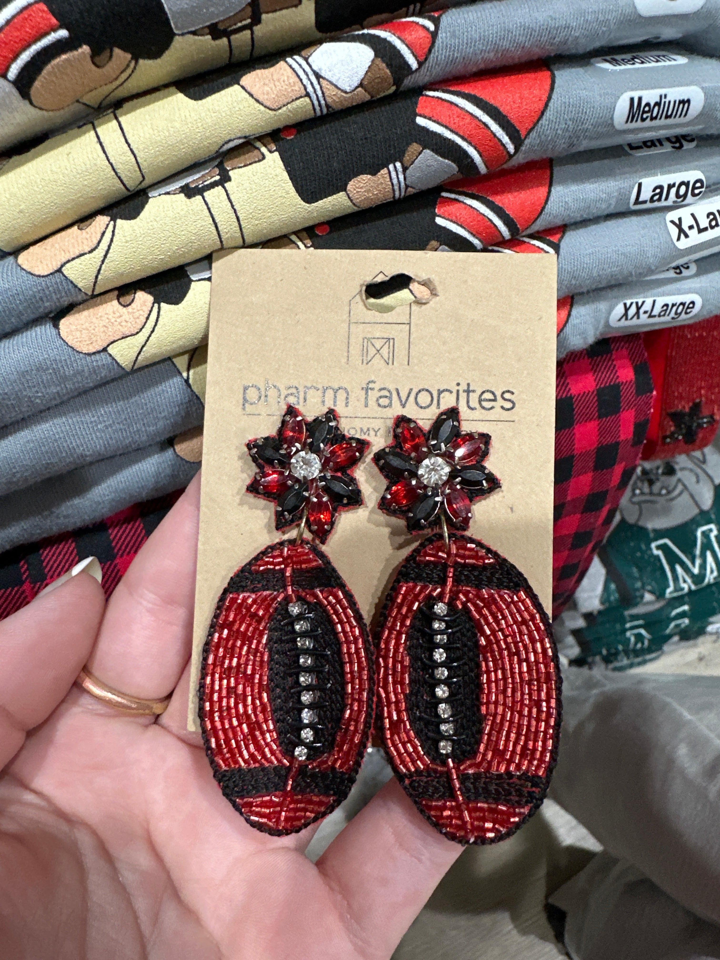 FIELD GOAL BEADED FOOTBALL EARRINGS - RED/BLK