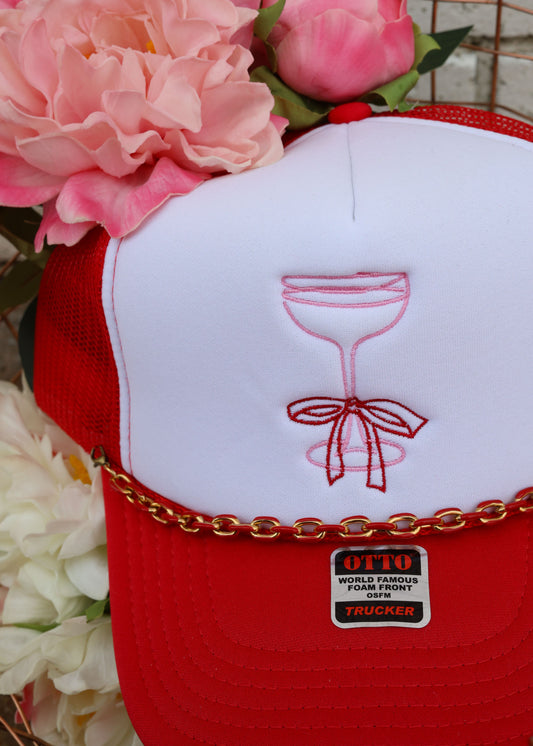 CHAMPAGNE BOW TRUCKER HAT W/CHAIN - WHITE/RED