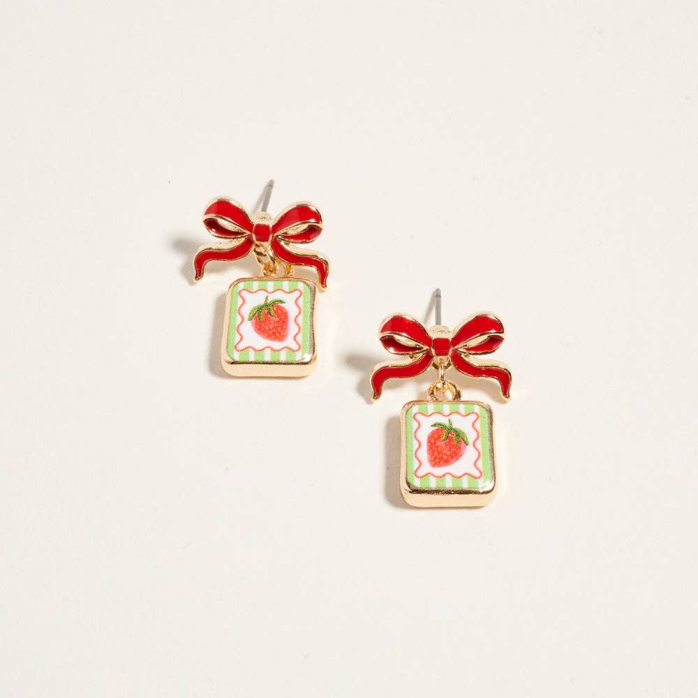 VINTAGE FRUIT PLANT PRINT TILE ENAMEL BOW EARRINGS