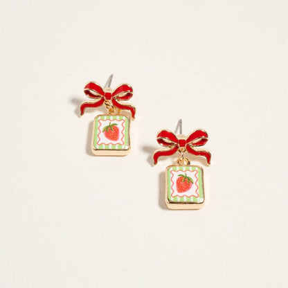 VINTAGE FRUIT PLANT PRINT TILE ENAMEL BOW EARRINGS
