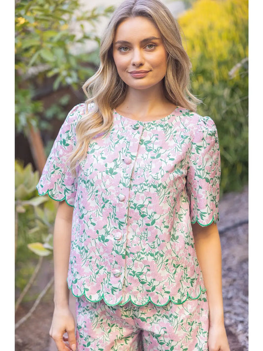 MAUVE SCALLOP EMBROIDERED HEM BUTTON DOWN TOP & SHORTS SET