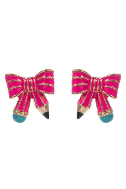 TEACHERS DAY SCHOOL ENAMEL BOW PENCIL POST EARRINGS